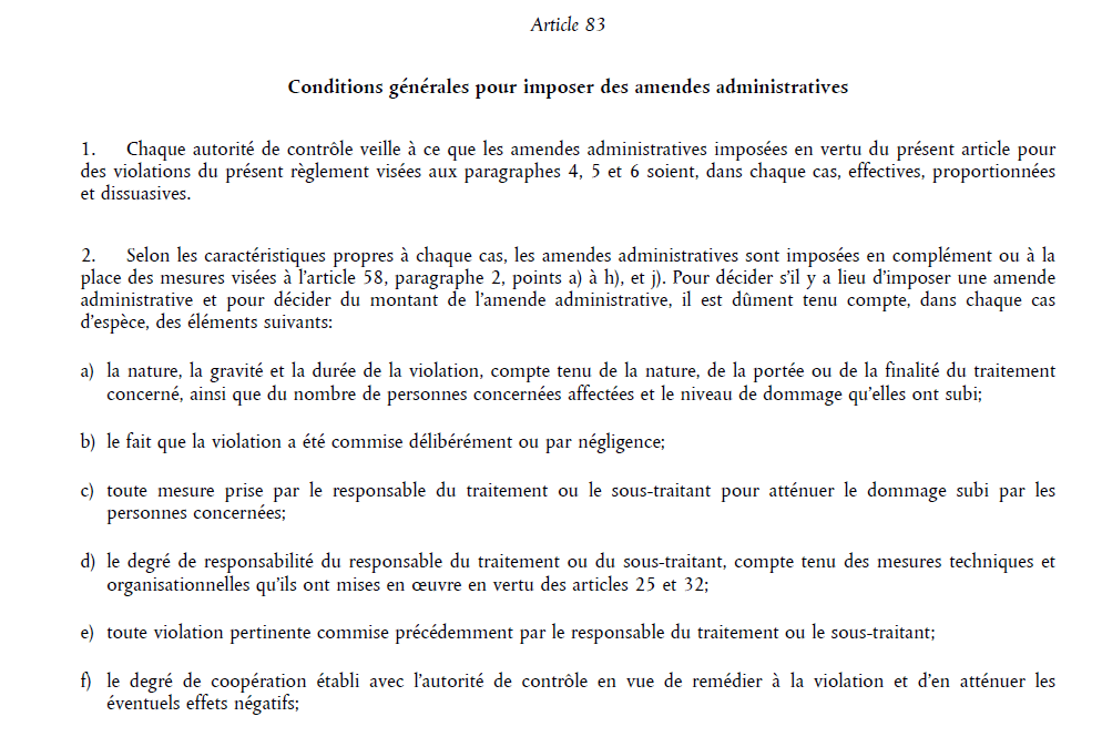 conformité RGPD : extrait de l'article 83 du RGPD relatif aux amendes - charger le PDF pour disposer de l'article en entier.